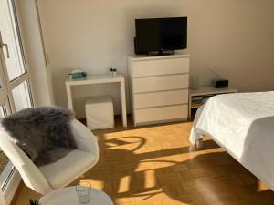 路德维希堡Ferienwohnung-Ludwigsburg-City的一间卧室配有一张床、一把椅子和电视。