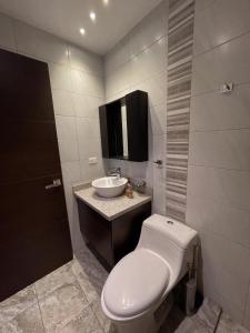基多Modern Apartment in the Heart of Quito的一间带卫生间和水槽的浴室