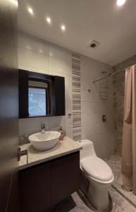 基多Modern Apartment in the Heart of Quito的浴室配有白色水槽和卫生间。