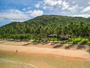 爱妮岛Eco Sanctuaries Nature Lodge Nacpan Beach, El Nido的棕榈树海滩上散步的人