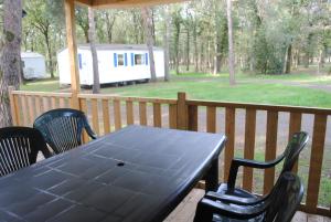 La Boissière-de-MontaiguMobil Home camping 3*** piscine chauffée的甲板上摆放着一张黑桌子和椅子,还有房子