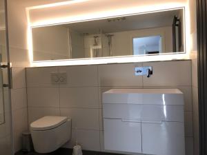 希尔德斯海姆Apartment Hildesheim的一间带水槽、镜子和卫生间的浴室