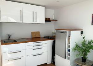 南特Bateau appartement sur l'Erdre au coeur de Nantes的厨房配有白色橱柜和冰箱。