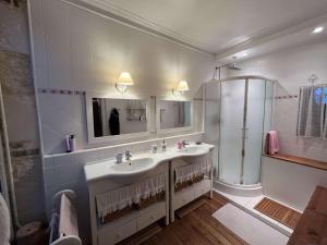 勒芒Chambres d'hôtes de charme sur LE MANS的一间带两个盥洗盆和淋浴的浴室