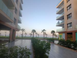 塞得港portosaid resort منتجع بورتوسعيد شاليه ارضي مع جاردن的远处拥有棕榈树的公寓大楼