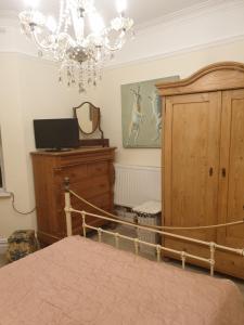 卡迪夫Private room near Roath Lake/Park的一间卧室配有一张床、镜子和吊灯
