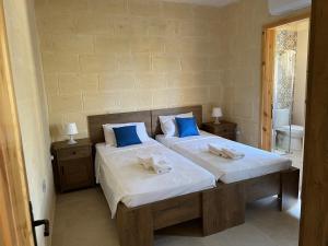 纳杜尔Nadurija Holiday Home的一间卧室配有两张单人床和蓝色枕头。