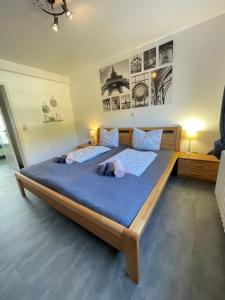 布劳讷贝格Ferienwohnung & Apartment Am Steinbrunnen的一间卧室配有两张带蓝色床单和海报的床