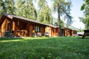 奥萨纳Yes we camp! Cevedale的小木屋,配有野餐桌和椅子,位于草地上