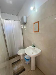 楚伊El três的浴室配有白色水槽和卫生间。