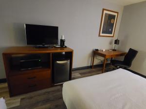 巴里Travelodge by Wyndham Barrie的一间卧室配有一张床、一台电视和一张书桌