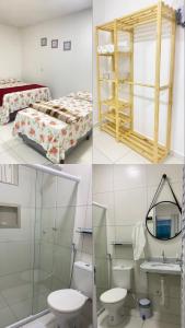 马拉戈日pousada beira mar suites São Bento的卧室配有一张床和一间浴室的三幅图片