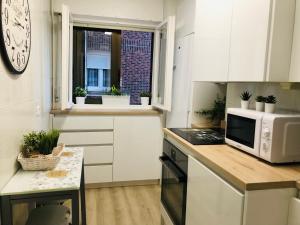 桑坦德Precioso apartamento en Los Castros的厨房配有微波炉和台面