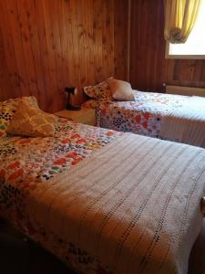 达卡卫Hostal Flor del Meli的一间卧室设有两张床和窗户。