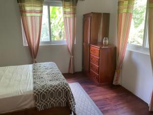 巴斯蒂门多斯Pretty house Bastimentos Bocas del toro的一间卧室配有一张床、梳妆台和窗户。