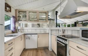 耶鲁普Steenbo的厨房配有白色橱柜和炉灶烤箱。