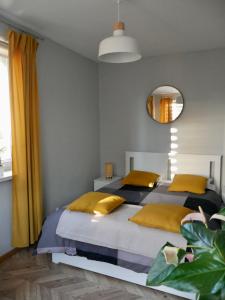 文盖尔斯卡－古尔卡Apartamenty Pod Hutą的一间卧室配有两张带黄色枕头和镜子的床