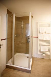 巴特戈特洛伊巴Gasthof Hillig的浴室里设有玻璃门淋浴