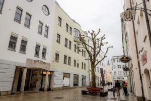 帕绍BONNYSTAY Passau Downtown - mitten in der Altstadt Passau`s的人沿着城市街道走,街道上有很多建筑