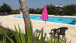 阿尔贝罗贝洛Eremo del Dottó的游泳池旁的粉红色遮阳伞