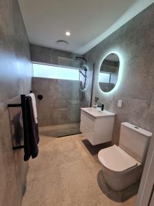 棕榈滩Hidden Valley Waiheke的浴室配有卫生间、淋浴和盥洗盆。