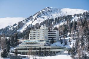 图拉彻霍赫Panorama Hotel Turracher Höhe的一座位于雪覆盖的山边的建筑