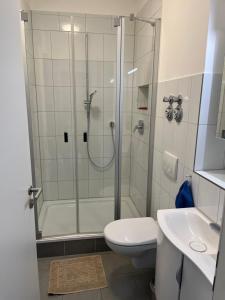 汉堡库奇加藤地下室旅馆的带淋浴、卫生间和盥洗盆的浴室