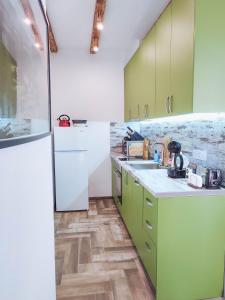 GrashtitsaVilla Tangra的厨房配有绿色橱柜和白色冰箱