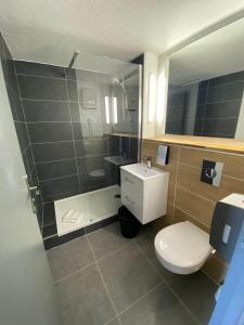 索米尔索米尔钟楼酒店的一间带卫生间、水槽和镜子的浴室