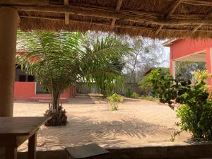 OuidahCDAC Elijah - Espace Culturel的种有棕榈树的庭院和红色的建筑