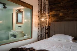 坎普朗莫道尼斯HANUL BUCOVINEI的一间卧室配有床、镜子和水槽