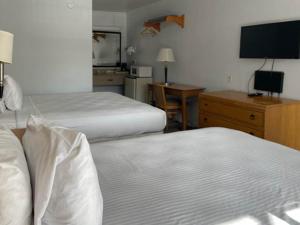 旧金山Motel 6 San Francisco CA Lombard Street的酒店客房设有两张床和一张书桌及电视