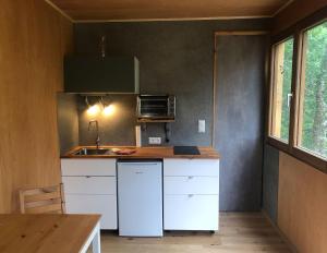 奥西阿赫Tiny Häuschen的小厨房配有白色冰箱和桌子