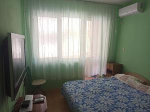 布尔加斯Апартамент Александр 1的一间卧室配有床和带窗帘的窗户
