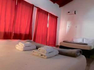 Puerto LibertadHotel Puerto Libertad - Iguazú的一间设有两张床和红色窗帘的房间