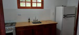 科尔多瓦Los Cedros的厨房配有水槽和白色冰箱