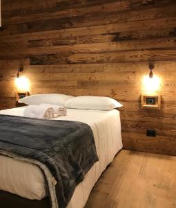 萨奥兹-杜尔克斯4Seasons appartamenti的卧室配有木墙内的一张床
