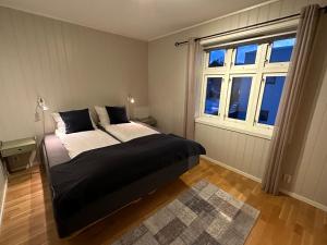 纳尔维克Stetind - Modern apartment with free parking的一间卧室设有一张大床和一个窗户。