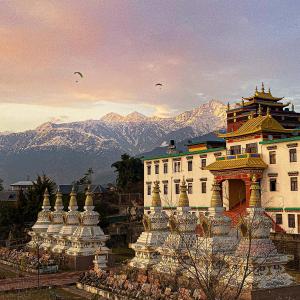 比尔瓦Chokling ArtHouse - The Treasure of Himalayas的一座白色的大建筑,背景是群山