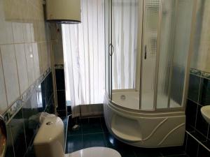 下诺夫哥罗德安养之家酒店的带淋浴、卫生间和盥洗盆的浴室
