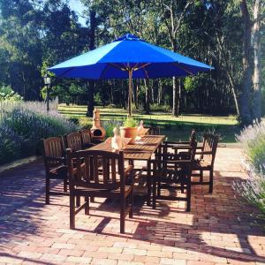 AshbourneThe Retreat at Amryhouse的一张带蓝伞的木桌和椅子