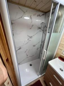 Saint-Martin-Saint-FirminLes Mini-Chaumières的一间铺有白色大理石的淋浴浴室