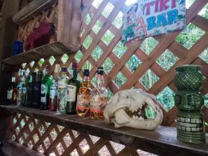 Quince MilWandari Lodge的酒瓶和头骨上的桌子