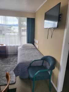 莱文Totara Lodge Motel的一间卧室配有一张床、一台电视和一把椅子