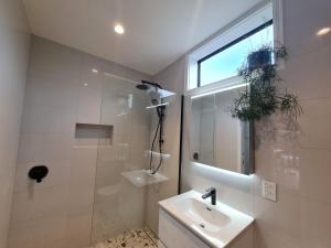 棕榈滩Hidden Valley Waiheke的一间带水槽和淋浴的浴室以及窗户。