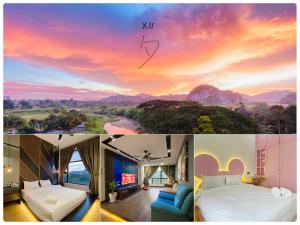 怡保Xii Mountain River View 2R2B 6pax centre of Ipoh的一张酒店房间四张照片的拼贴图