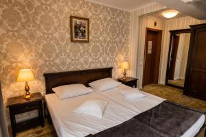 札勒乌辉煌广场酒店的一间卧室配有一张带2个床头柜的大床