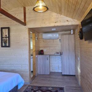 阿尔杰什河畔库尔泰亚Baltina Parc Transfagarasan的小屋内带床和厨房的房间