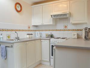 NewchurchThe Annexe的白色的厨房配有白色橱柜和水槽