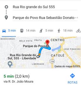 大坎皮纳Espaçossego 5 minutos do Parque do Povo contato 83 oito 6 oito dois 2074的带有红色标记的谷歌地图页面的截图